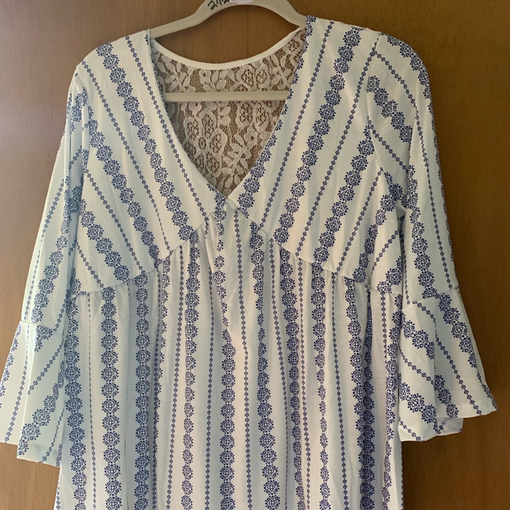 White and Blue Floral Top with Lace Back